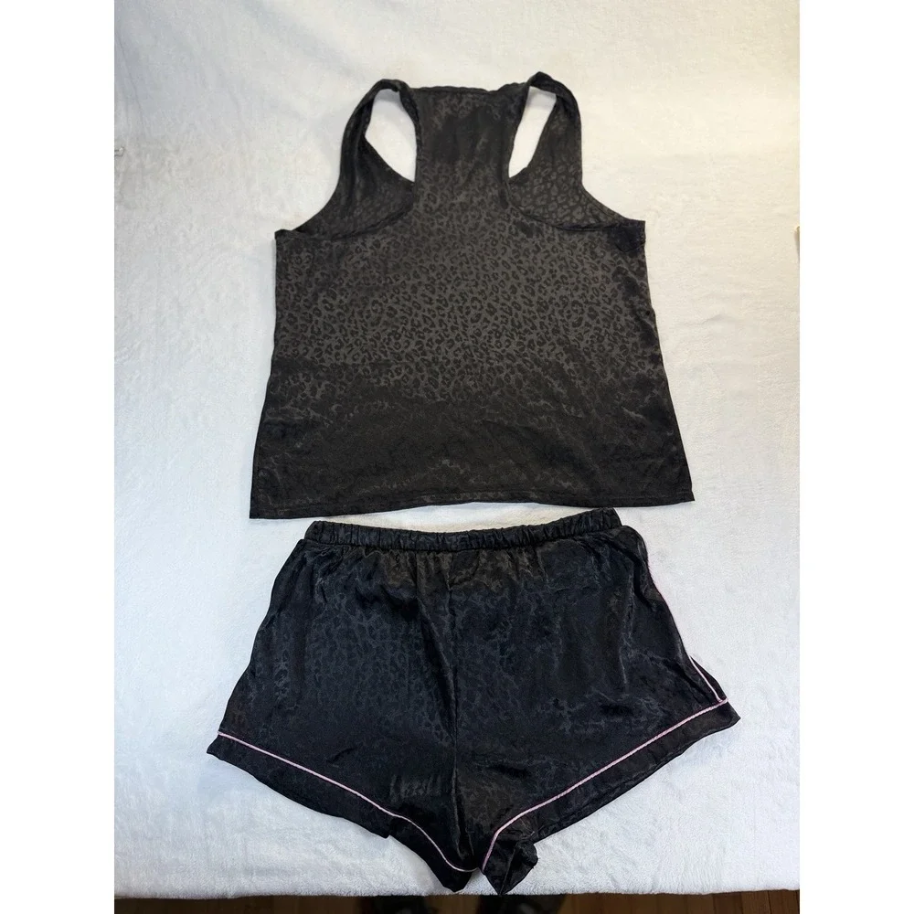 Steve Madden Black Satin Shortie PJ Set L Razorback Sexy Goth Dark‎ Fairy